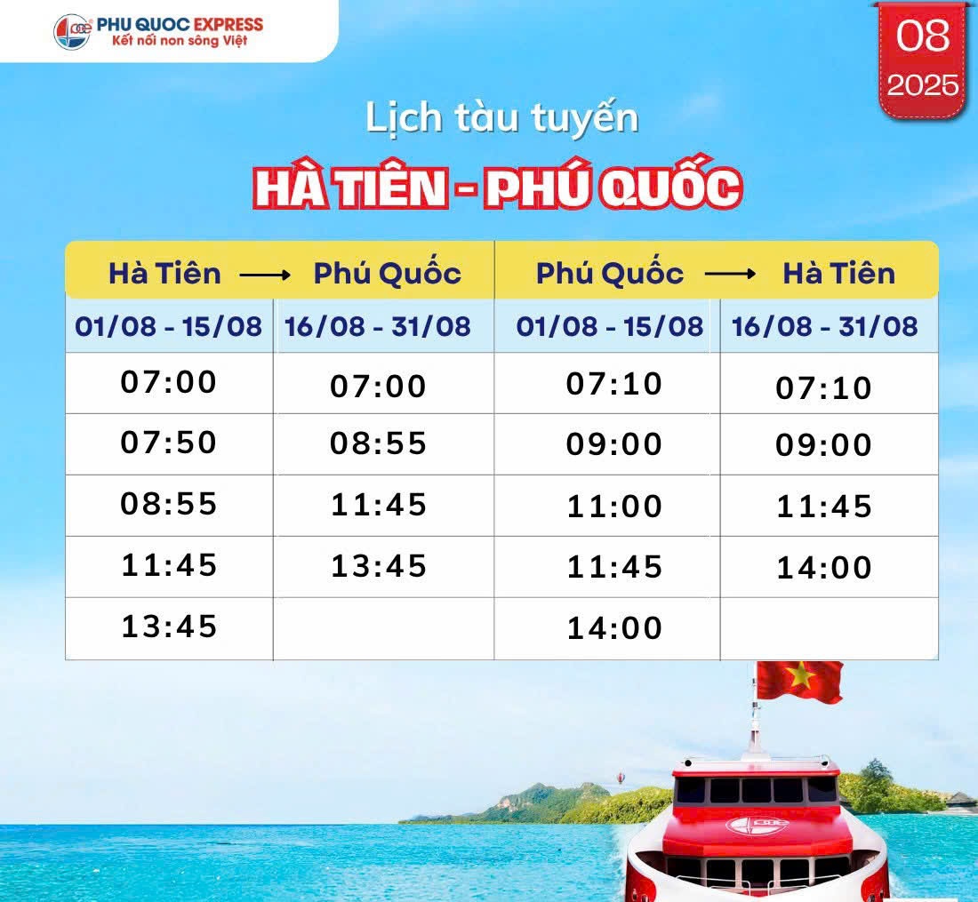 Thông Báo: Lịch Tàu Hà Tiên - Phú Quốc 8/2025